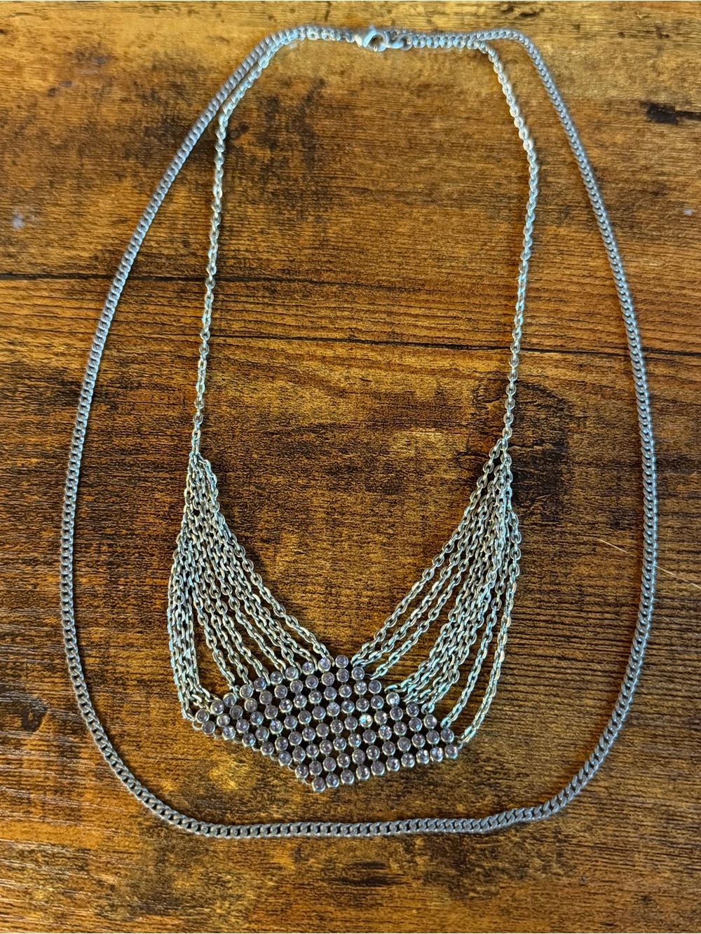 2-Unique Silver Multi-Chain Crystal Accent Necklace